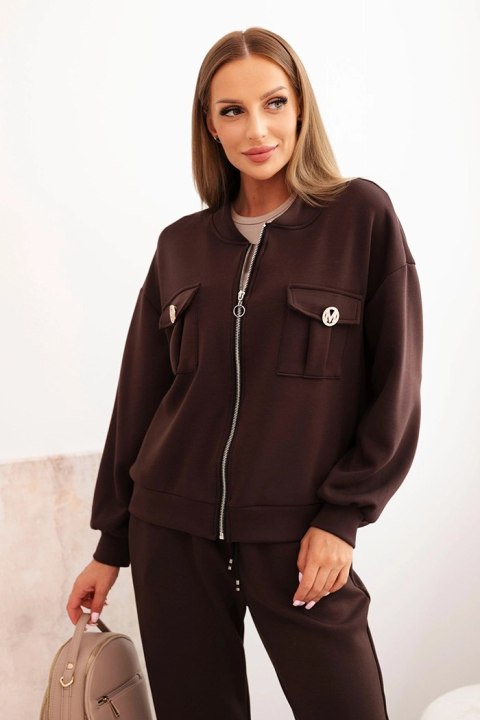 Komplet damski masełkowy z wiskozy z rozpinaną bluzą i spodniami brązowy