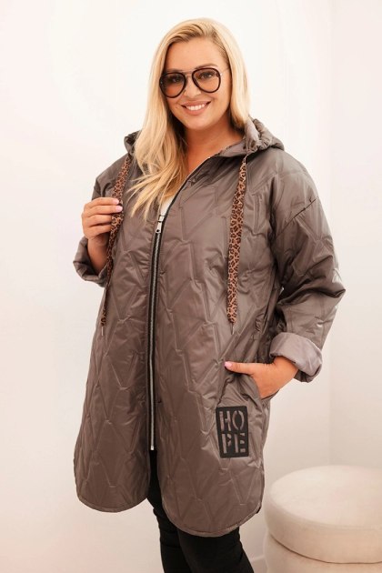 Kurtka damska Plus Size pikowana z kapturem i napisem HOPE cappucino