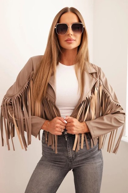 Kurtka damska z eko skóry z frędzlami w stylu boho fango