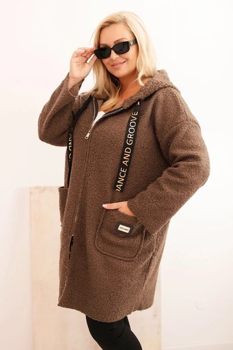Płaszcz damski Plus Size ze sztucznego baranka z kapturem i kieszeniami camelowy
