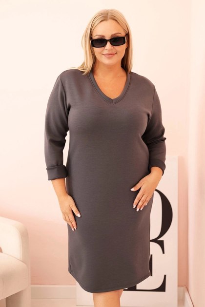 Sukienka damska Plus Size masełkowa z dekoltem V i rękawem grafitowa