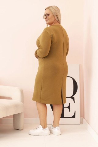 Sukienka damska Plus Size masełkowa z dekoltem V i rękawem oliwkowa