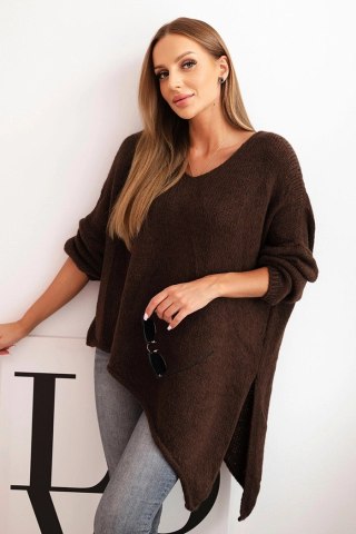 Sweter damski wełniany asymetryczny Plus Size z dekoltem V brązowy
