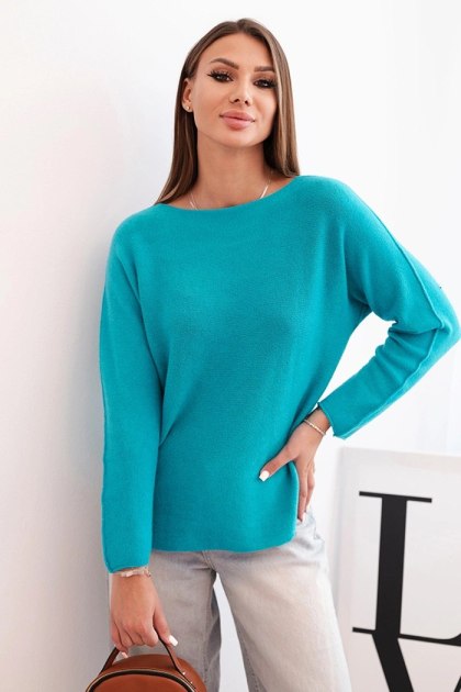 Sweterek damska z wiskozy z długim rękawem i okrągłym dekoltem jasny morski