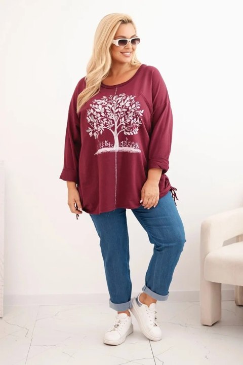 Bluza damska Plus Size bawełniana z nadrukiem drzewa bordowa
