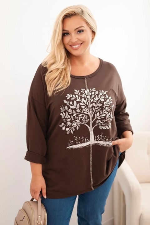 Bluza damska Plus Size bawełniana z nadrukiem drzewa brązowa