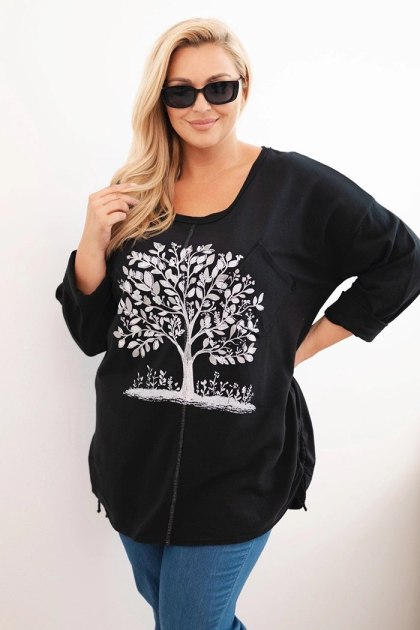 Bluza damska Plus Size bawełniana z nadrukiem drzewa czarna