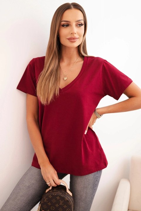 Bluzka damska bawełniana z dekoltem w serek z krótkim rękawem bordowa