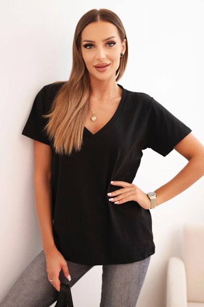 Bluzka damska bawełniana z dekoltem w serek z krótkim rękawem czarna