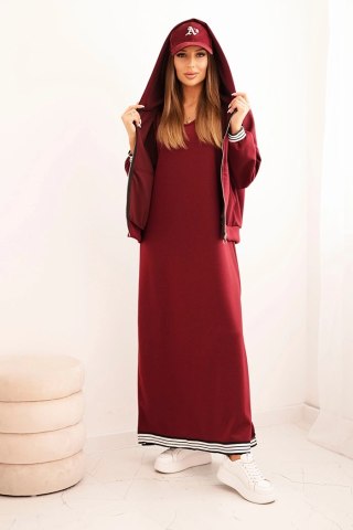 Komplet damska z wiskozą z rozpinaną bluzą i długą sukienką bordowa