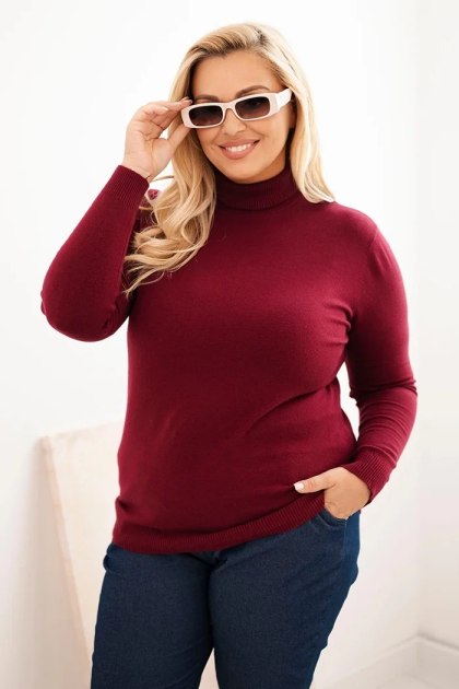 Sweter damski wiskozowy Plus Size z golfem o klasycznym kroju bordowy