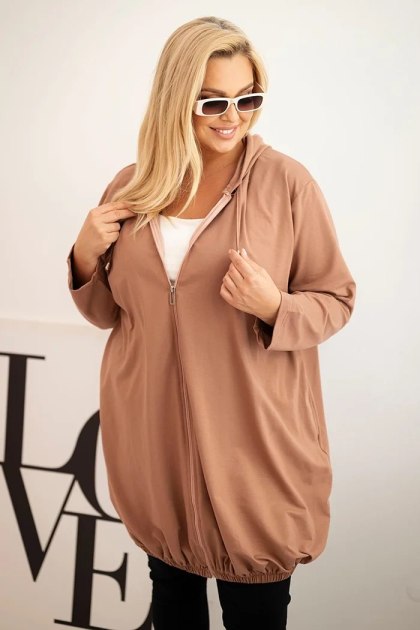 Bluza damska Plus Size bawełniana z kapturem i zamkiem cappuccino