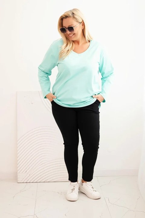 Bluzka damska Plus Size z dekoltem V i długim rękawem miętowa