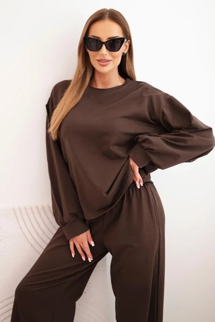 Komplet damski bawełniany z szeroką nogawką i bluzą z długim rękawem brązowy