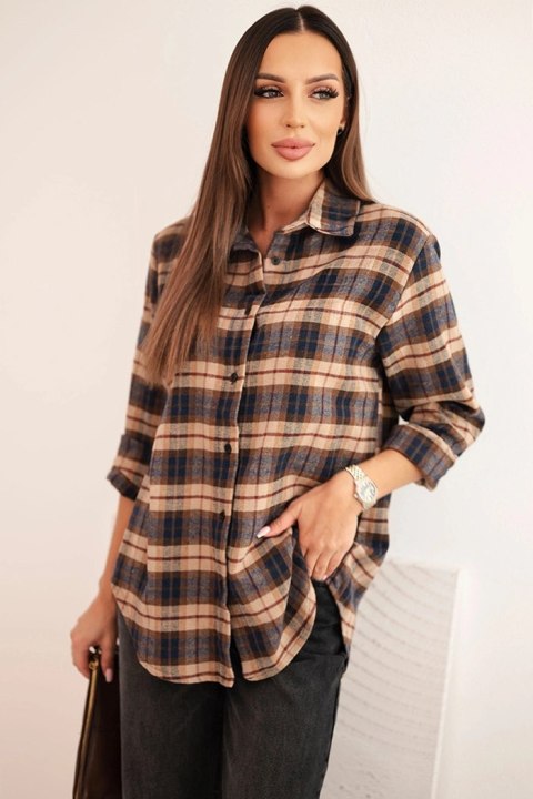 Koszula damska bawełniana w kratę z dłuższym tyłem camelowa