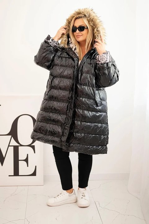 Czarna pikowana kurtka damska Plus Size z kapturem i efektownym futerkiem