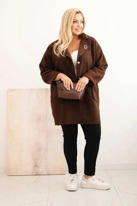 Brązowy płaszcz damski Plus Size baranek z wełną