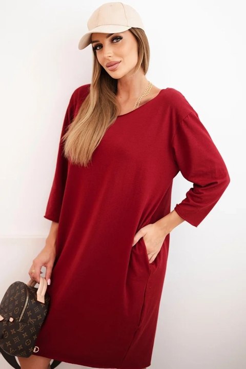 Sukienka damska Plus Size z bawełną o prostym kroju i rękawem 3/4 bordowa