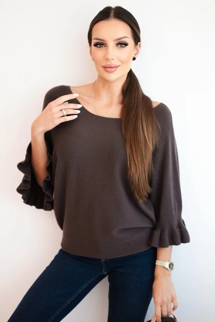 Sweter damski z ozdobnym mankietem brązowy