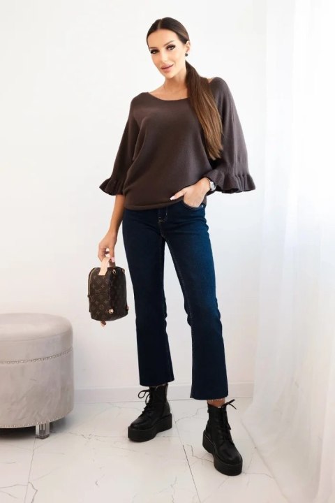 Sweter damski z ozdobnym mankietem brązowy