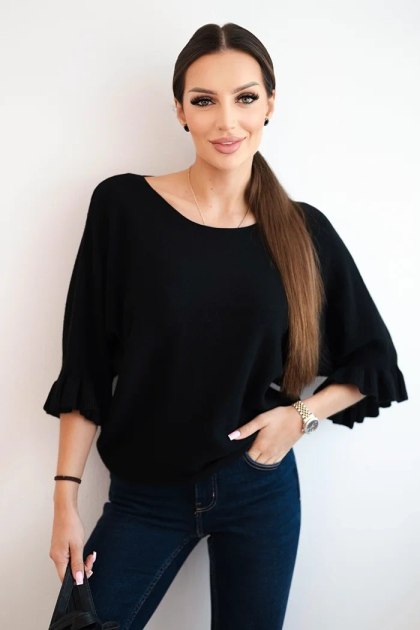 Sweter damski z ozdobnym mankietem czarny