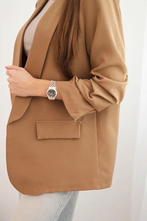 Marynarka z klapami elegancka ciemno camelowa