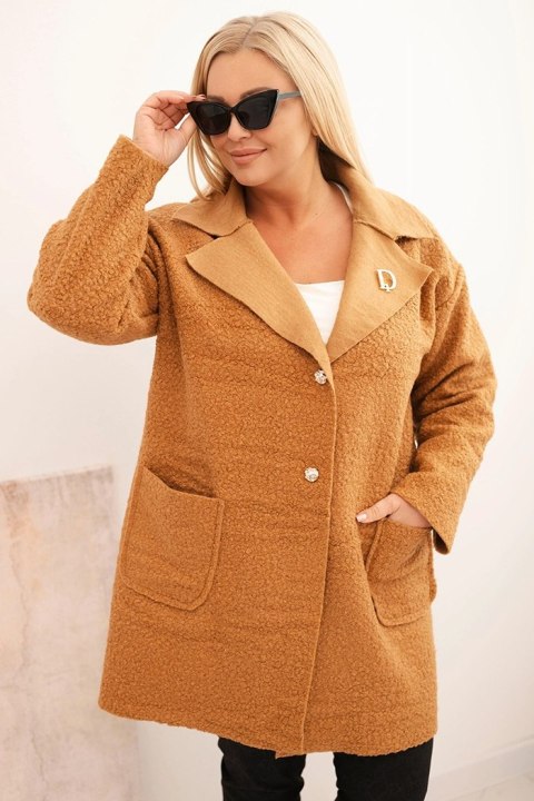 Płaszcz damski Plus Size baranek z wełną i kieszeniami camelowy