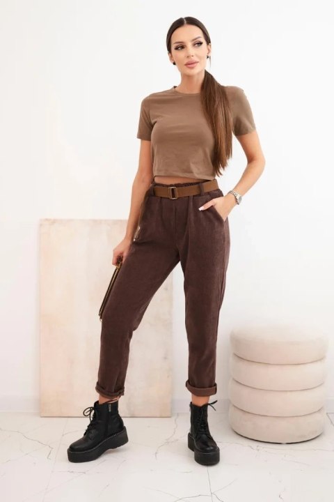 Spodnie damskie z paskiem sztruksowe brązowe
