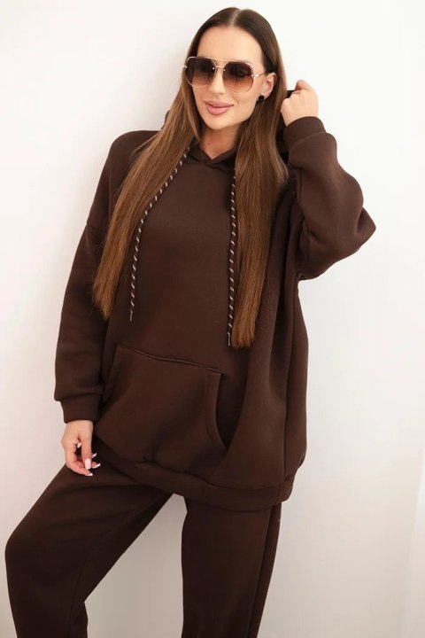 Komplet dresowy damski ocieplany z bawełny i z kapturem brązowy