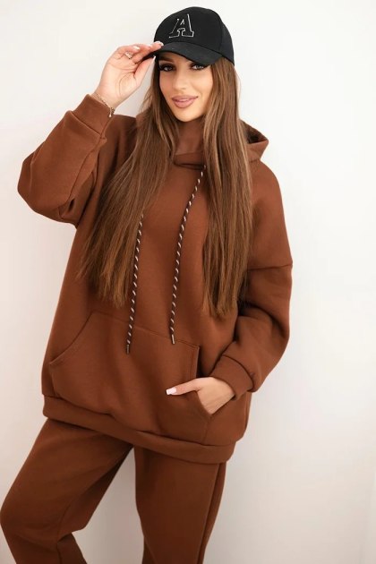 Komplet dresowy damski ocieplany z bawełny i z kapturem camelowy