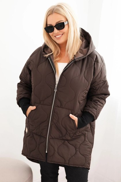 Kurtka damska zimowa Plus Size pikowana z kapturem brązowa