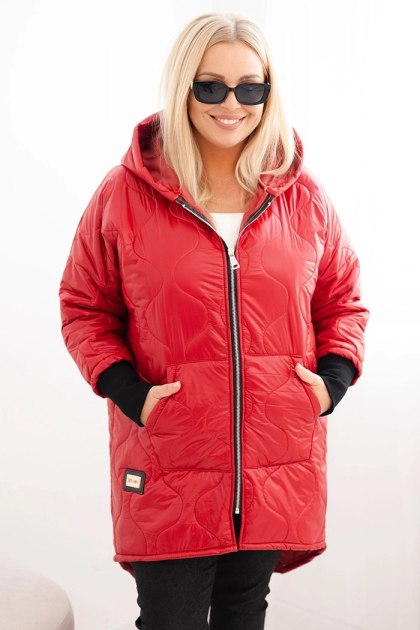 Kurtka damska zimowa Plus Size pikowana z kapturem czerwona