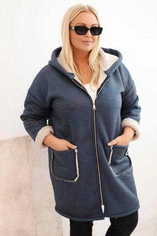 Kurtka damska Plus Size z kapturem i kieszeniami ocieplana barankiem jeansowa