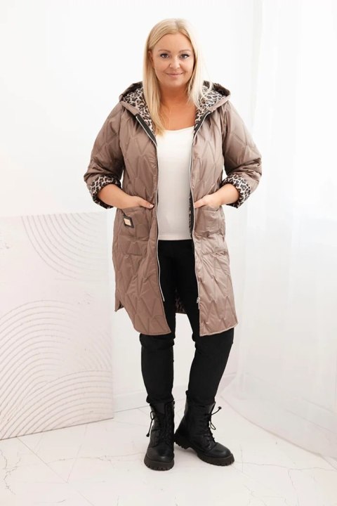 Pikowana kurtka zimowa Plus Size w kolorze fango z podszewką w panterkę