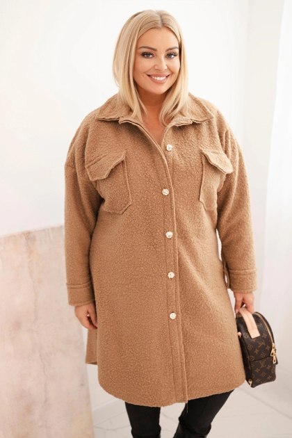 Płaszcz damski Plus Size z wełną zapinany na guziki z kieszeniami i kołnierzem camelowy