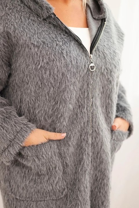 Płaszcz damski Plus Size z wiskozy zapinany na suwak z kapturem szary