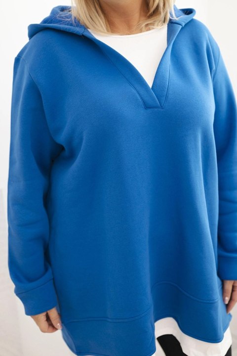 Bluza damska ocieplana Plus Size z kapturem i dekoltem w serek chabrowa