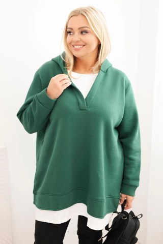 Bluza damska ocieplana Plus Size z kapturem i dekoltem w serek ciemno zielona