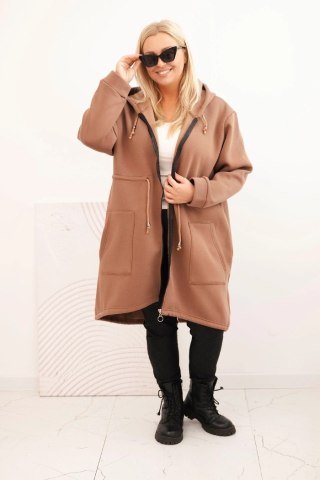 Bluza damska ocieplana Plus Size z kapturem i kieszeniami brązowa