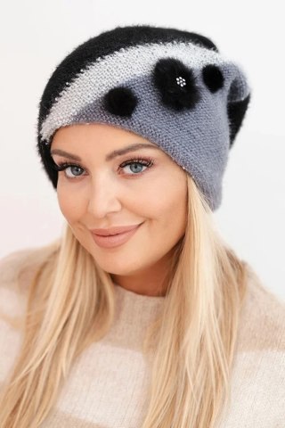Czapka damska elegancka z futrzanymi ozdobami i brokatowym paskiem czarna