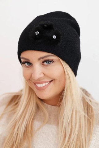Czapka damska z ozdobnymi futrzanymi kwiatami elegancka czarna