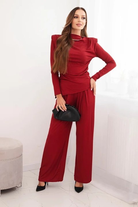 Elegancki bordowy komplet bawełniany ze spodniami wide-leg