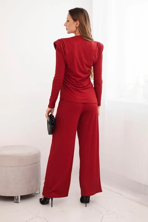 Elegancki bordowy komplet bawełniany ze spodniami wide-leg