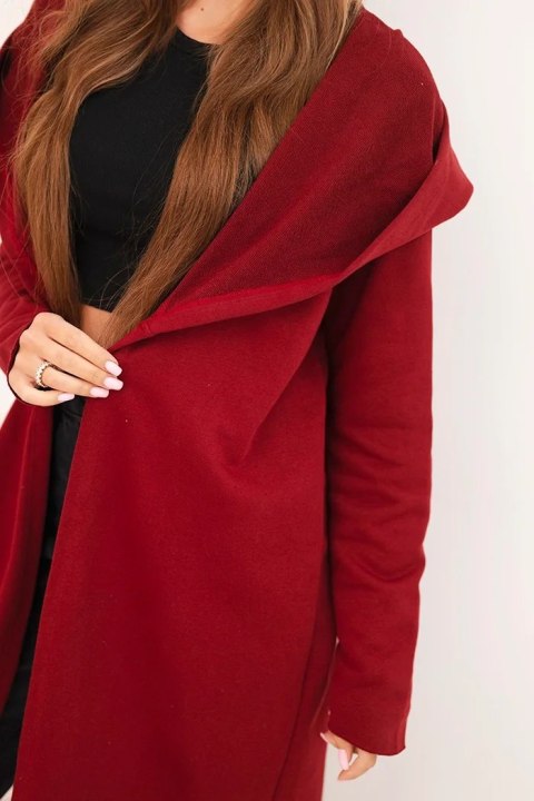 Narzutka damska z bawełny z kapturem i wydłużonym przodem bordowa