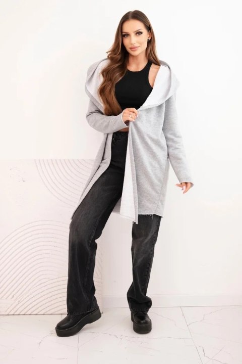 Narzutka damska z bawełny z kapturem i wydłużonym przodem szary melanż