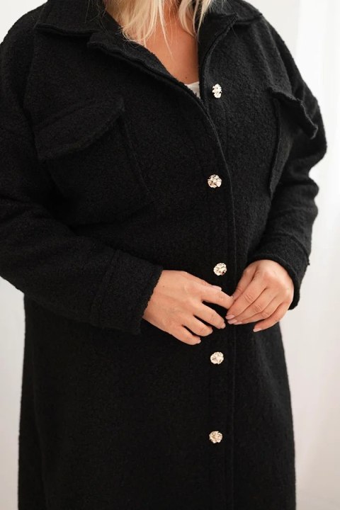 Płaszcz damski Plus Size z wełną zapinany na guziki z kieszeniami i kołnierzem czarny