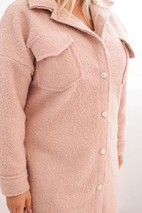 Płaszcz damski Plus Size z wełną zapinany na guziki z kieszeniami i kołnierzem pudrowy róż