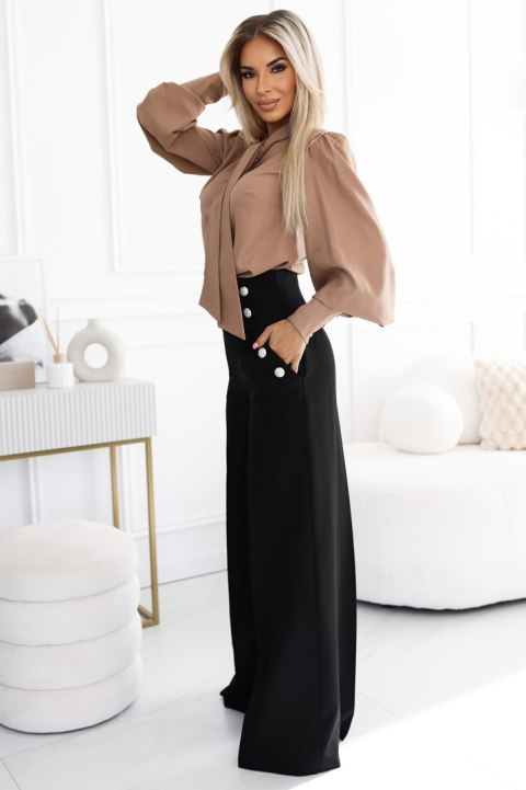 578-1 Wyjątkowa biznesowa bluzka z długim rękawkiem, wiązaniem i guzikami - kolor karmelowy - mocha mousse