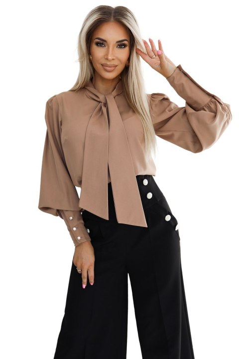 578-1 Wyjątkowa biznesowa bluzka z długim rękawkiem, wiązaniem i guzikami - kolor karmelowy - mocha mousse