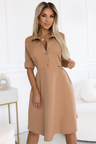 286-8 SANDY Koszulowa rozkloszowana sukienka z paskiem - MOCHA MOUSSE
